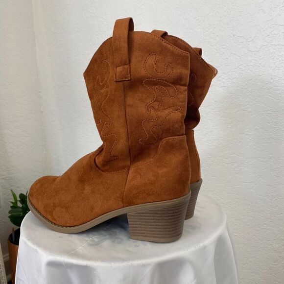 NEW Brown Tan Faux Suede Boho Western Stitched Cowgirl Mid Calf Boots US 10.5 - Picture 2 of 8